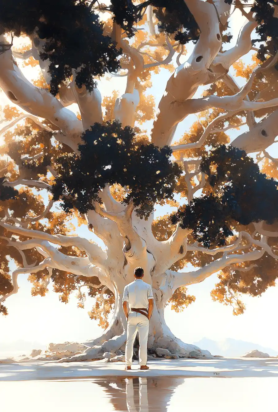 Un homme, de dos, fait face à un majestueux arganier sous la lumière du soleil, illustrant l'engagement de La Maison de l’Argan dans la préservation de cet arbre et la valorisation de son huile.