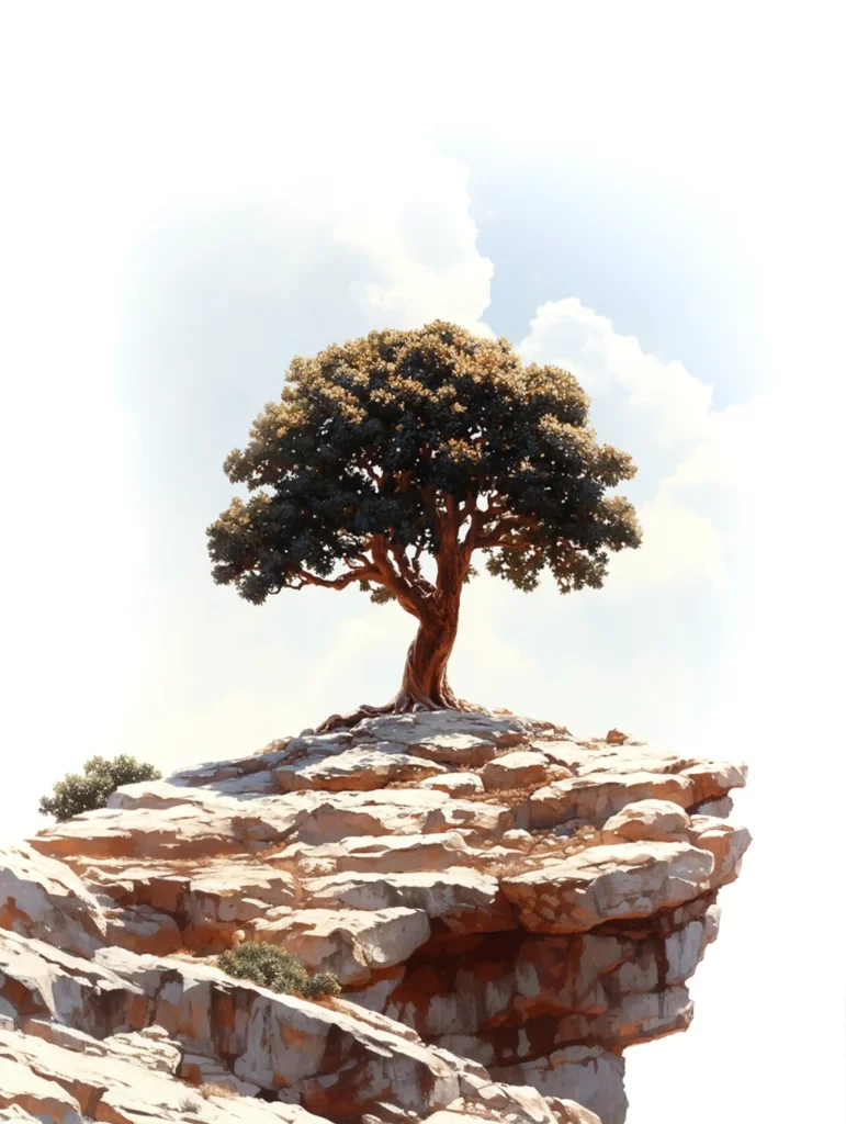 Arganier solitaire sur une falaise rocheuse, illustrant la résistance de cet arbre et l'engagement de Maison de l'Argan pour sa préservation