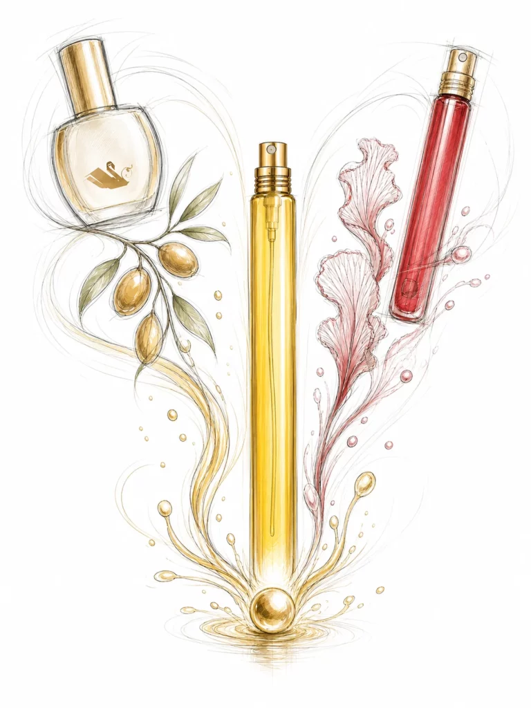 Croquis de filiation entre Perle d'Argan, l'Elixir lyf ar457 et le Sérum Élixir Perle d'Argan actuel